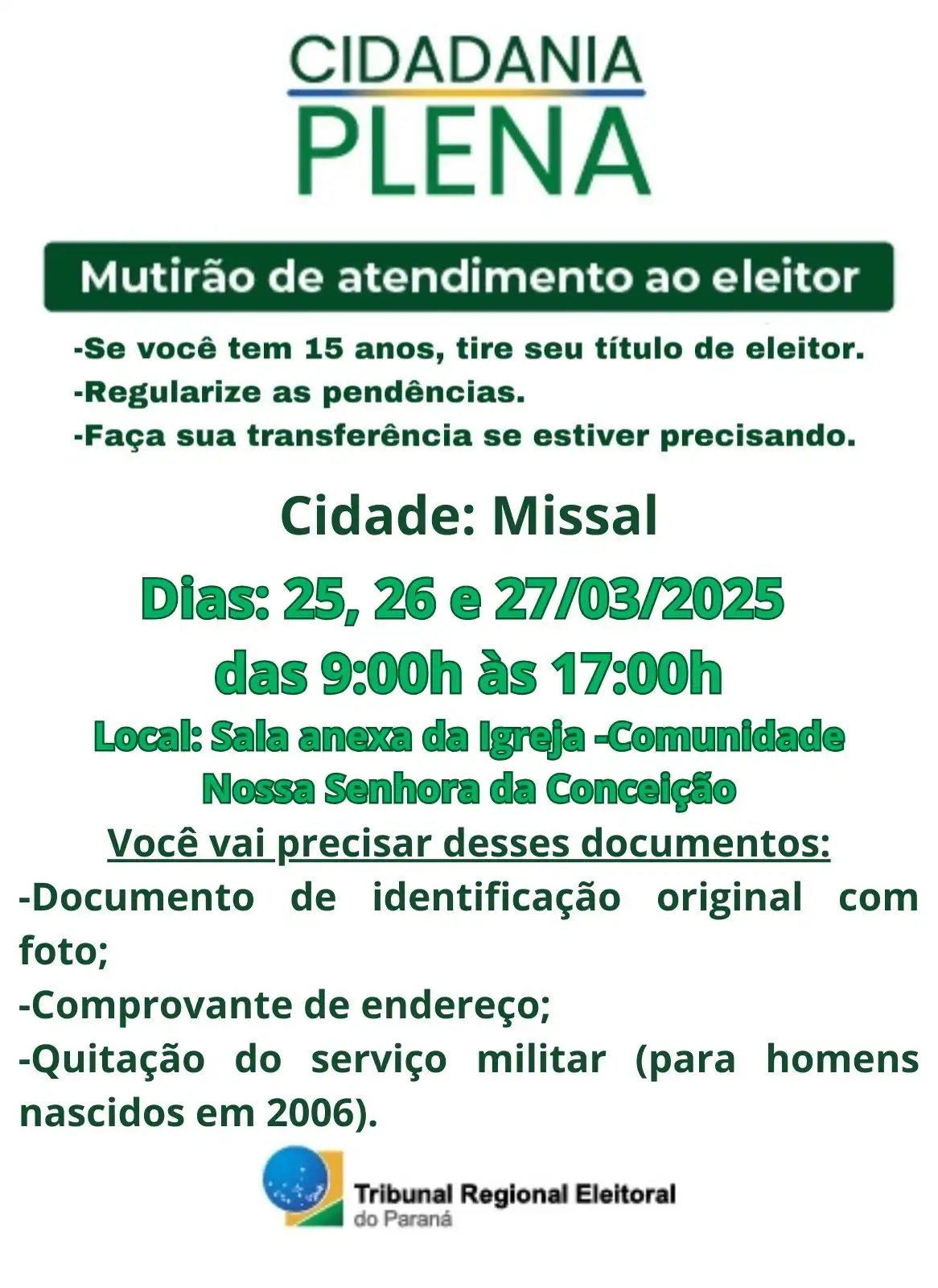 Missal recebe Mutirão de Atendimento ao Eleitor nos dias 25, 26 e 27 de março