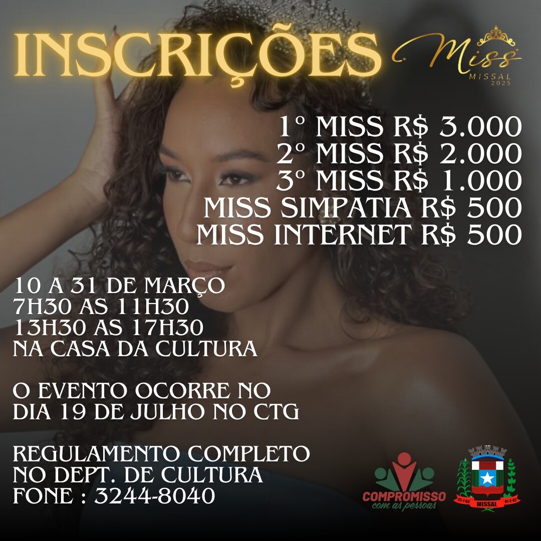 Estão abertas as inscrições para o Concurso Miss Missal 2025